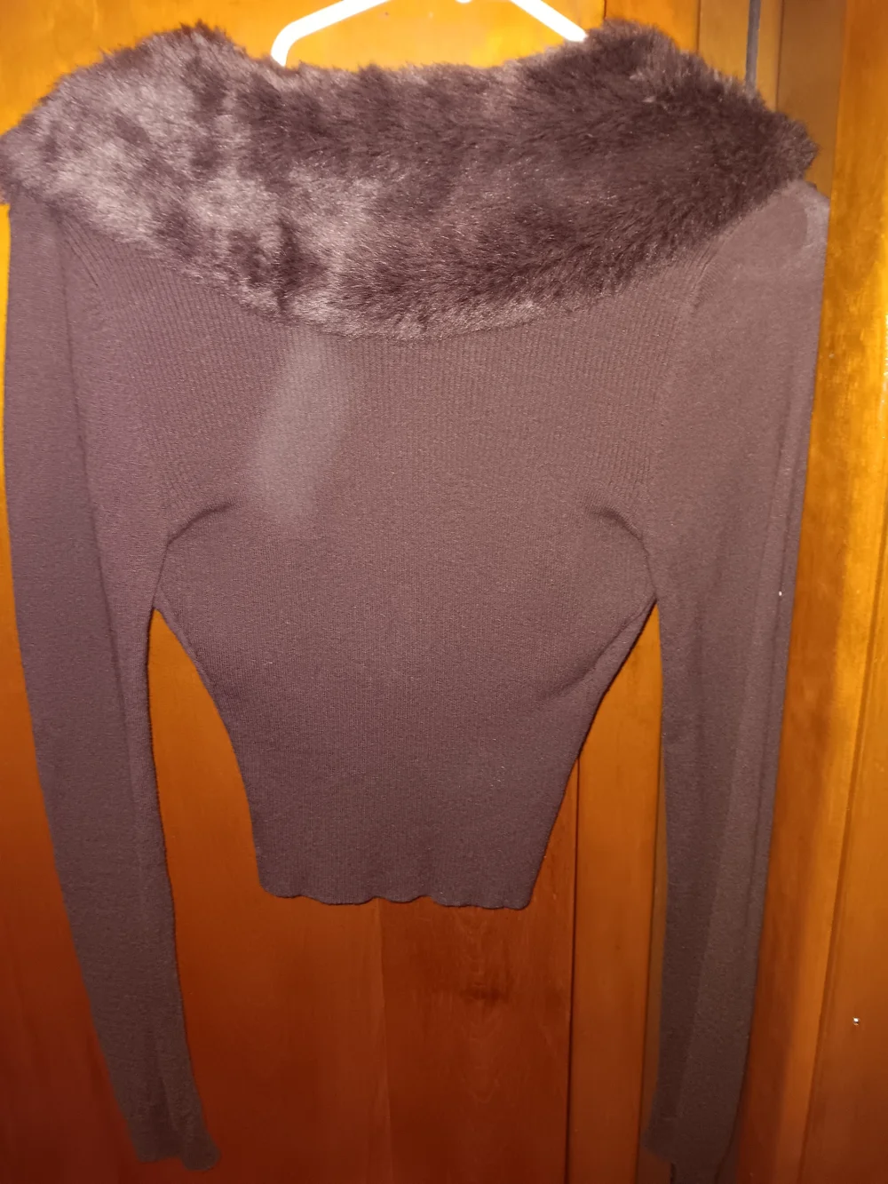 Chocolate Brown Faux Fur-Trim V-Neck Sweater